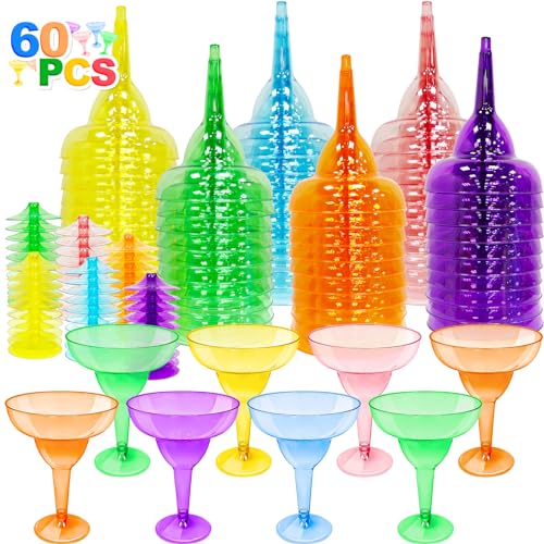 TURNMEON 60 Pack Multicolor Plastic Margarita Glasses 12 oz Disposable Cocktail Cups for Cinco De Mayo Decorations Fiesta