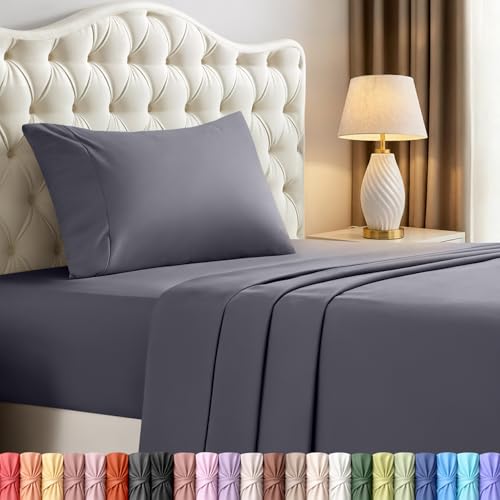Twin Size Sheet Set – 3 Piece Bed Sheets, Soft and Breathable Microfiber, Includes 1 Fitted Sheet, 1 Flat Sheet and 1 Pillowcase – Oeko Tex (Grey) - My Kitchen Products