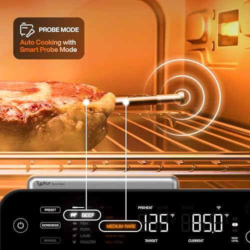 Typhur Sync Oven with Smart AI Wireless Meat Thermometer Probe, 12‑in‑1 Countertop Air Fryer Toaster Oven Combo, 360° Turbo Convection, Dehydrator, Recipe & 5 Accessories, Large 27QT, Stainless Steel - My Kitchen Products