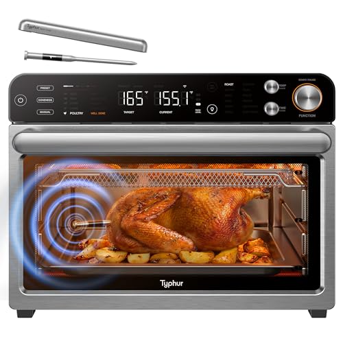Typhur Sync Oven with Smart AI Wireless Meat Thermometer Probe, 12‑in‑1 Countertop Air Fryer Toaster Oven Combo, 360° Turbo Convection, Dehydrator, Recipe & 5 Accessories, Large 27QT, Stainless Steel - My Kitchen Products