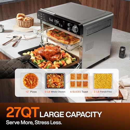 Typhur Sync Oven with Smart AI Wireless Meat Thermometer Probe, 12‑in‑1 Countertop Air Fryer Toaster Oven Combo, 360° Turbo Convection, Dehydrator, Recipe & 5 Accessories, Large 27QT, Stainless Steel - My Kitchen Products