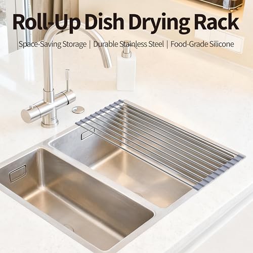TYZUIAW Roll Up Dish Drying Rack for Over Sink -17.5"x11.8" Foldable Stainless Steel Kitchen Drainer，Gray - My Kitchen Products