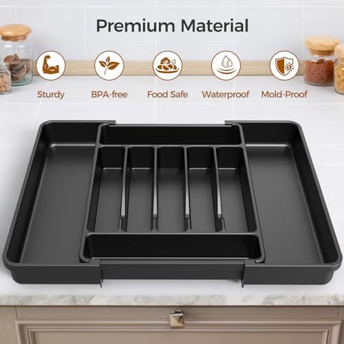 ukeetap Extra Large Expandable Silverware Organizer, BPA-Free Food-Safe Cutlery Flatware Organizer, Kitchen Utensil Drawer Organizer, Adjustable Silverware Holder for Spoons Forks Knives, Black - My Kitchen Products