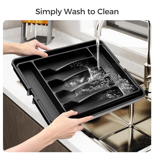 ukeetap Extra Large Expandable Silverware Organizer, BPA-Free Food-Safe Cutlery Flatware Organizer, Kitchen Utensil Drawer Organizer, Adjustable Silverware Holder for Spoons Forks Knives, Black - My Kitchen Products