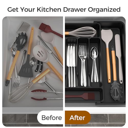 ukeetap Extra Large Expandable Silverware Organizer, BPA-Free Food-Safe Cutlery Flatware Organizer, Kitchen Utensil Drawer Organizer, Adjustable Silverware Holder for Spoons Forks Knives, Black - My Kitchen Products