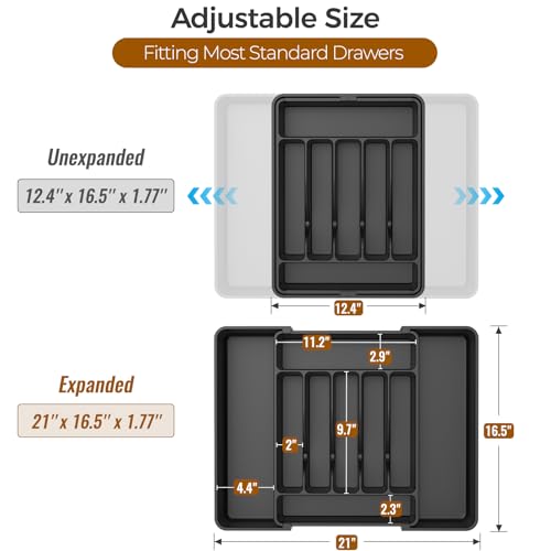 ukeetap Extra Large Expandable Silverware Organizer, BPA-Free Food-Safe Cutlery Flatware Organizer, Kitchen Utensil Drawer Organizer, Adjustable Silverware Holder for Spoons Forks Knives, Black - My Kitchen Products