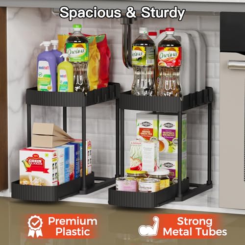 Ukeetap Multi-Purpose Pull-Out Storage Organizers, Under Sink/Cabinet Organizers and Storage for Bathroom & Kitchen, Black, 12.8 Inches, 2 Packs - My Kitchen Products