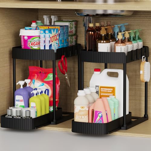 Ukeetap Multi-Purpose Pull-Out Storage Organizers, Under Sink/Cabinet Organizers and Storage for Bathroom & Kitchen, Black, 12.8 Inches, 2 Packs - My Kitchen Products