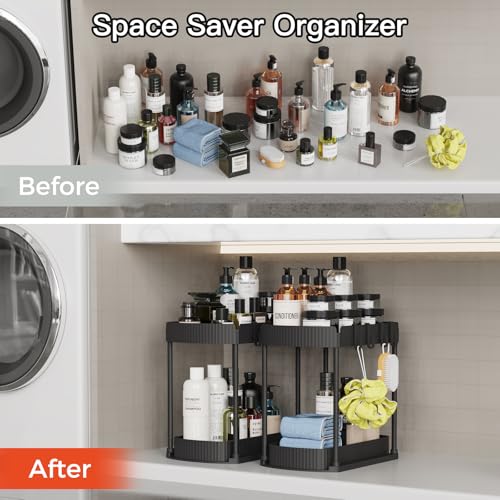 Ukeetap Multi-Purpose Pull-Out Storage Organizers, Under Sink/Cabinet Organizers and Storage for Bathroom & Kitchen, Black, 12.8 Inches, 2 Packs - My Kitchen Products