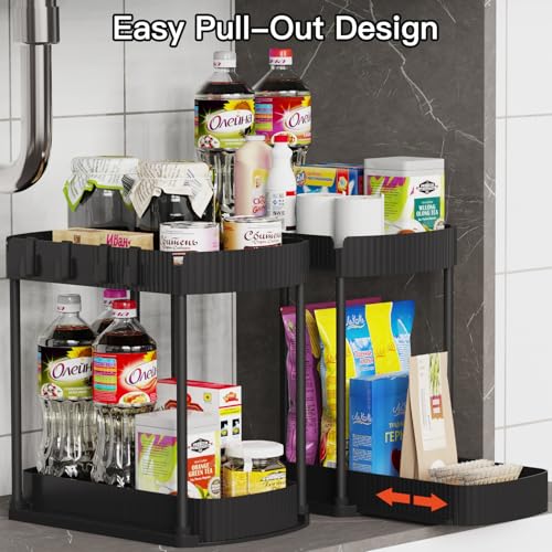 Ukeetap Multi-Purpose Pull-Out Storage Organizers, Under Sink/Cabinet Organizers and Storage for Bathroom & Kitchen, Black, 12.8 Inches, 2 Packs - My Kitchen Products