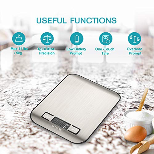 Ultrean Food Scale, Digital Kitchen Scale with LCD Display, Weight Grams and Ounces for Baking Cooking and Meal Prep, 6 Units with Tare Function, 304 Stainless Steel, 11lb (Batteries Included) - My Kitchen Products