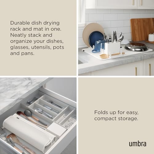 Umbra UDry Dish Drying Rack with Mat – Kitchen Countertop Dish Drainer & Absorbent Microfiber Drying Mat, Foldable Dish Rack Organizer for Plates, Cups & Utensils, Sand - My Kitchen Products