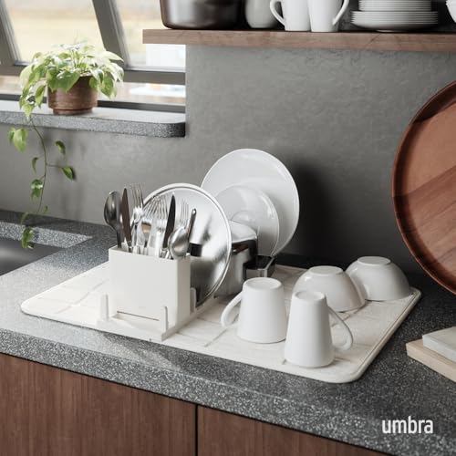 Umbra UDry Dish Drying Rack with Mat – Kitchen Countertop Dish Drainer & Absorbent Microfiber Drying Mat, Foldable Dish Rack Organizer for Plates, Cups & Utensils, Sand - My Kitchen Products