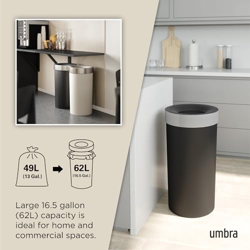 Umbra Vento Kitchen Trash Can – Large 16 Gal (62 L) Open Top Garbage Can for Home & Office – Modern Clean Design, Black/Nickel - My Kitchen Products