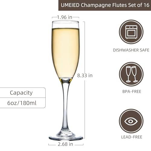 UMEIED 6 Oz Classic Champagne Flutes Set of 16, Long Stemmed Crystal Clear Champagne Glasses, Sparkling Wine Glasses for Home Party Wedding Birthday Housewarming Gifts - My Kitchen Products