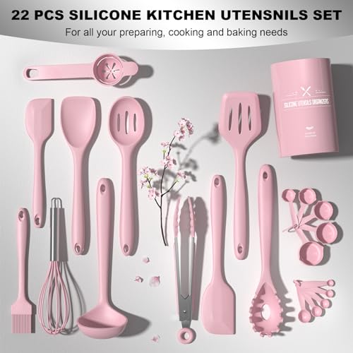 Umite Chef 22-Piece Silicone Cooking Utensils Set, Heat Resistant & Dishwasher Safe Kitchen Tools, Non-Scratch Spatula Set for Nonstick Cookware (Pink) - My Kitchen Products