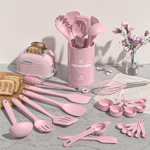 Umite Chef 22-Piece Silicone Cooking Utensils Set, Heat Resistant & Dishwasher Safe Kitchen Tools, Non-Scratch Spatula Set for Nonstick Cookware (Pink) - My Kitchen Products