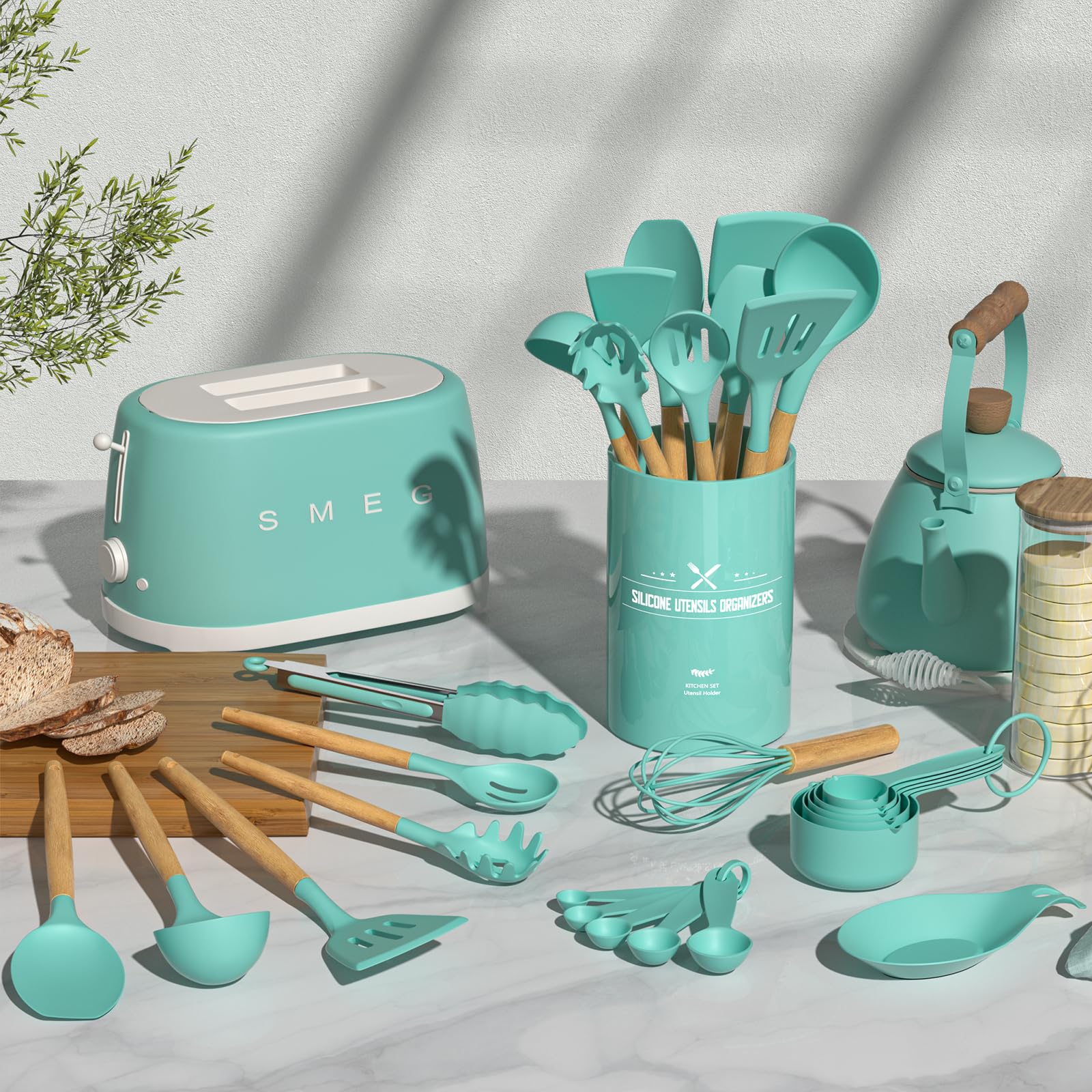Umite Chef Kitchen Cooking Utensils Set, 24 pcs Non-stick Silicone Cooking Kitchen Utensils Spatula Set with Holder, Wooden Handle Heat Resistant Silicone Kitchen Gadgets Utensil Set (Green) - My Kitchen Products