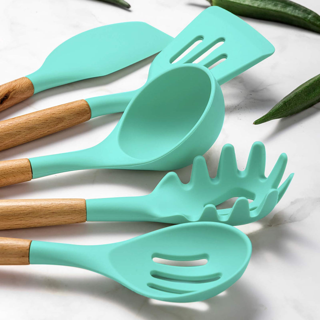 Umite Chef Kitchen Cooking Utensils Set, 24 pcs Non-stick Silicone Cooking Kitchen Utensils Spatula Set with Holder, Wooden Handle Heat Resistant Silicone Kitchen Gadgets Utensil Set (Green) - My Kitchen Products