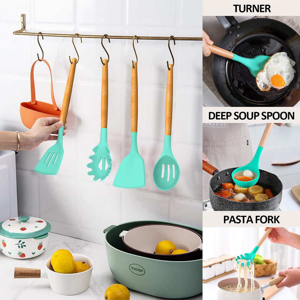 Umite Chef Kitchen Cooking Utensils Set, 24 pcs Non-stick Silicone Cooking Kitchen Utensils Spatula Set with Holder, Wooden Handle Heat Resistant Silicone Kitchen Gadgets Utensil Set (Green) - My Kitchen Products