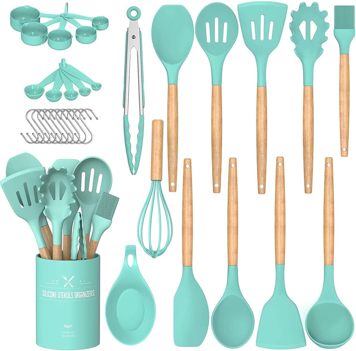 Umite Chef Kitchen Cooking Utensils Set, 24 pcs Non-stick Silicone Cooking Kitchen Utensils Spatula Set with Holder, Wooden