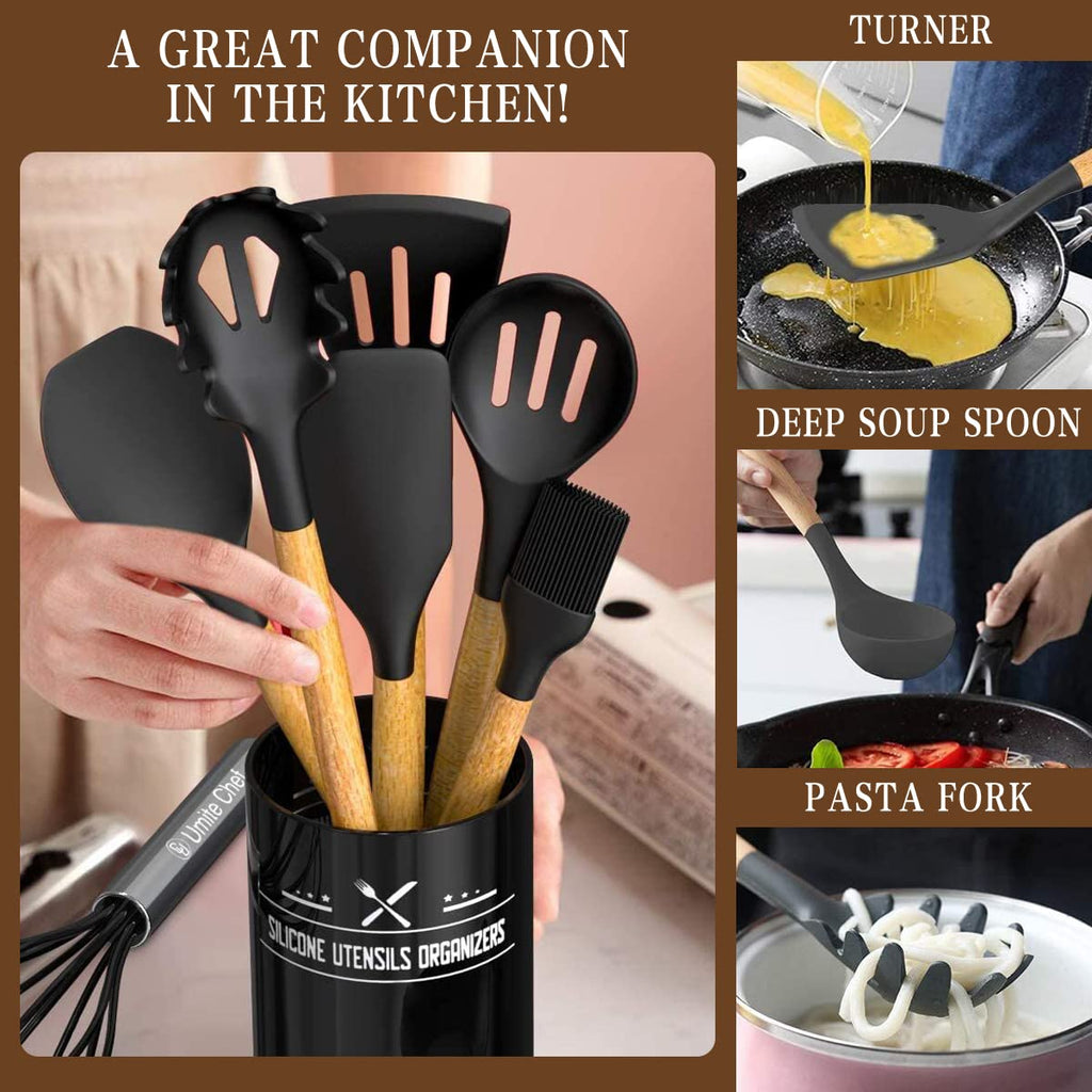 Umite Chef Kitchen Cooking Utensils Set, 33 pcs Non-Stick Silicone Cooking Kitchen Spatula Set with Holder, Wooden Handle Silicone Kitchen Gadgets Utensil Set (Black) - My Kitchen Products