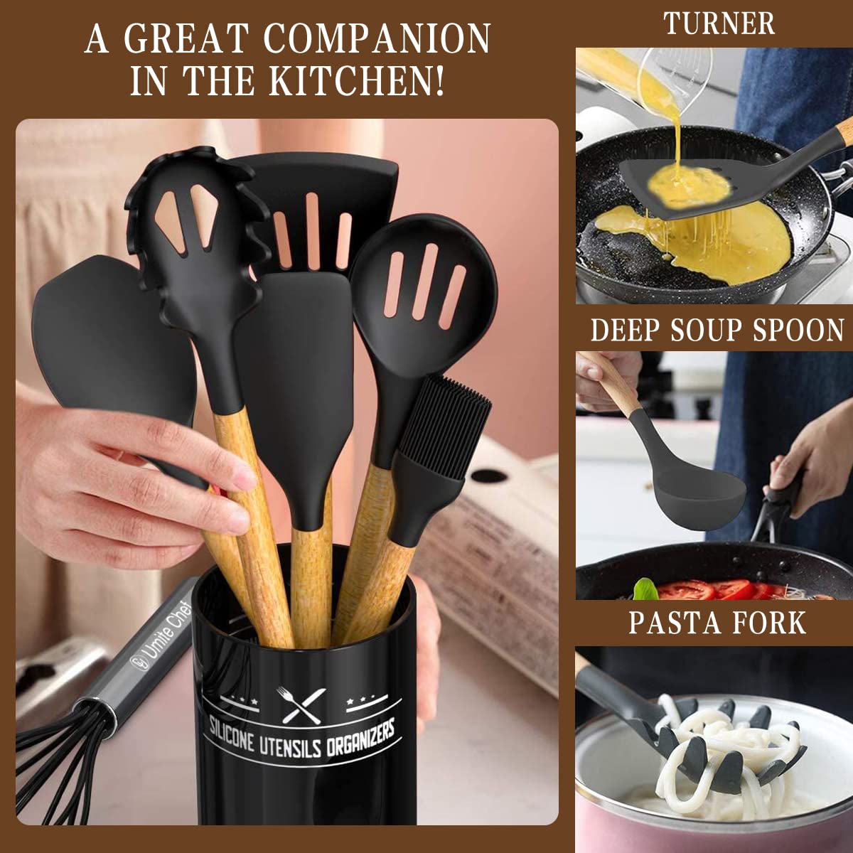 Umite Chef Kitchen Cooking Utensils Set, 33 pcs Non-Stick Silicone Cooking Kitchen Spatula Set with Holder, Wooden Handle Silicone Kitchen Gadgets Utensil Set (Black) - My Kitchen Products