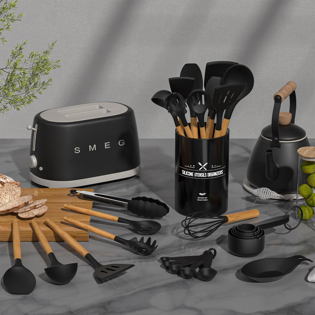 Umite Chef Kitchen Cooking Utensils Set, 33 pcs Non-Stick Silicone Cooking Kitchen Spatula Set with Holder, Wooden Handle Silicone Kitchen Gadgets Utensil Set (Black) - My Kitchen Products