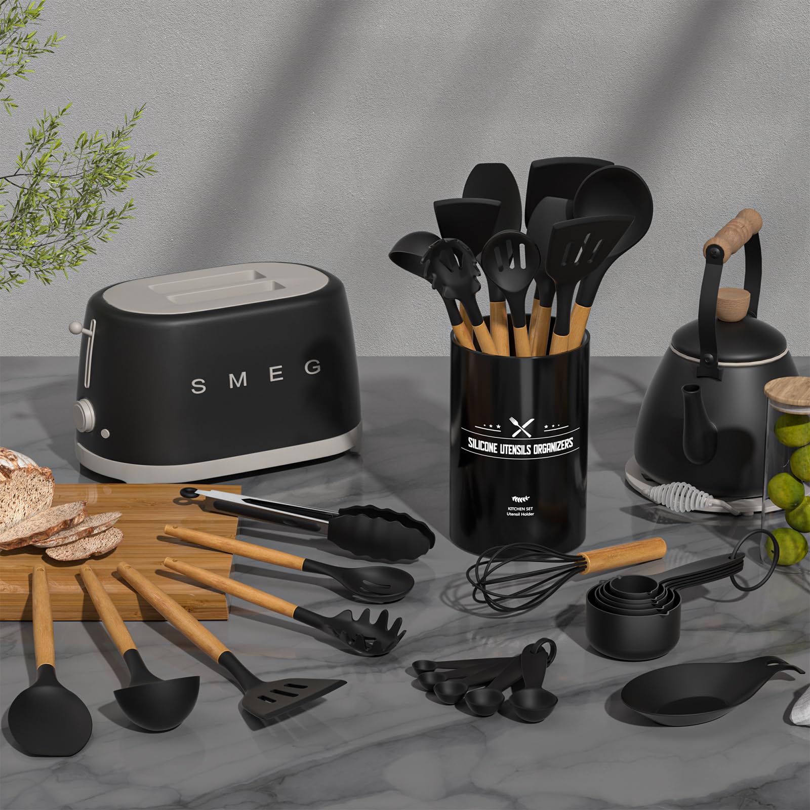 Umite Chef Kitchen Cooking Utensils Set, 33 pcs Non-Stick Silicone Cooking Kitchen Spatula Set with Holder, Wooden Handle Silicone Kitchen Gadgets Utensil Set (Black) - My Kitchen Products