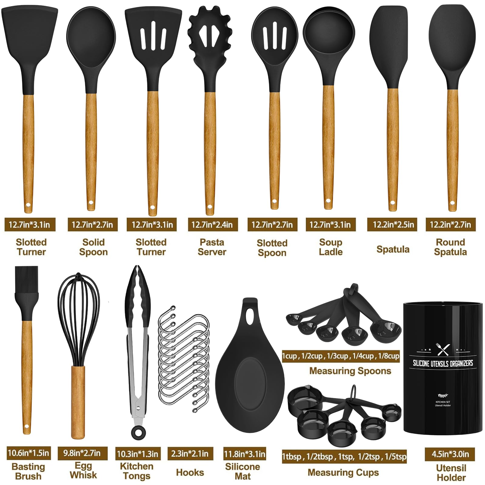 Umite Chef Kitchen Cooking Utensils Set, 33 pcs Non-Stick Silicone Cooking Kitchen Spatula Set with Holder, Wooden Handle Silicone Kitchen Gadgets Utensil Set (Black) - My Kitchen Products