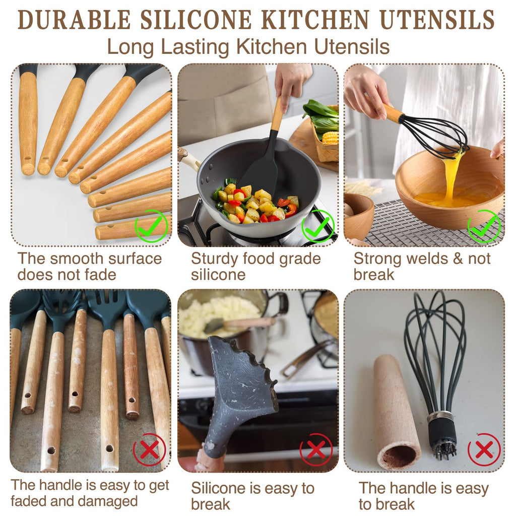 Umite Chef Kitchen Cooking Utensils Set, 33 pcs Non-Stick Silicone Cooking Kitchen Spatula Set with Holder, Wooden Handle Silicone Kitchen Gadgets Utensil Set (Black) - My Kitchen Products