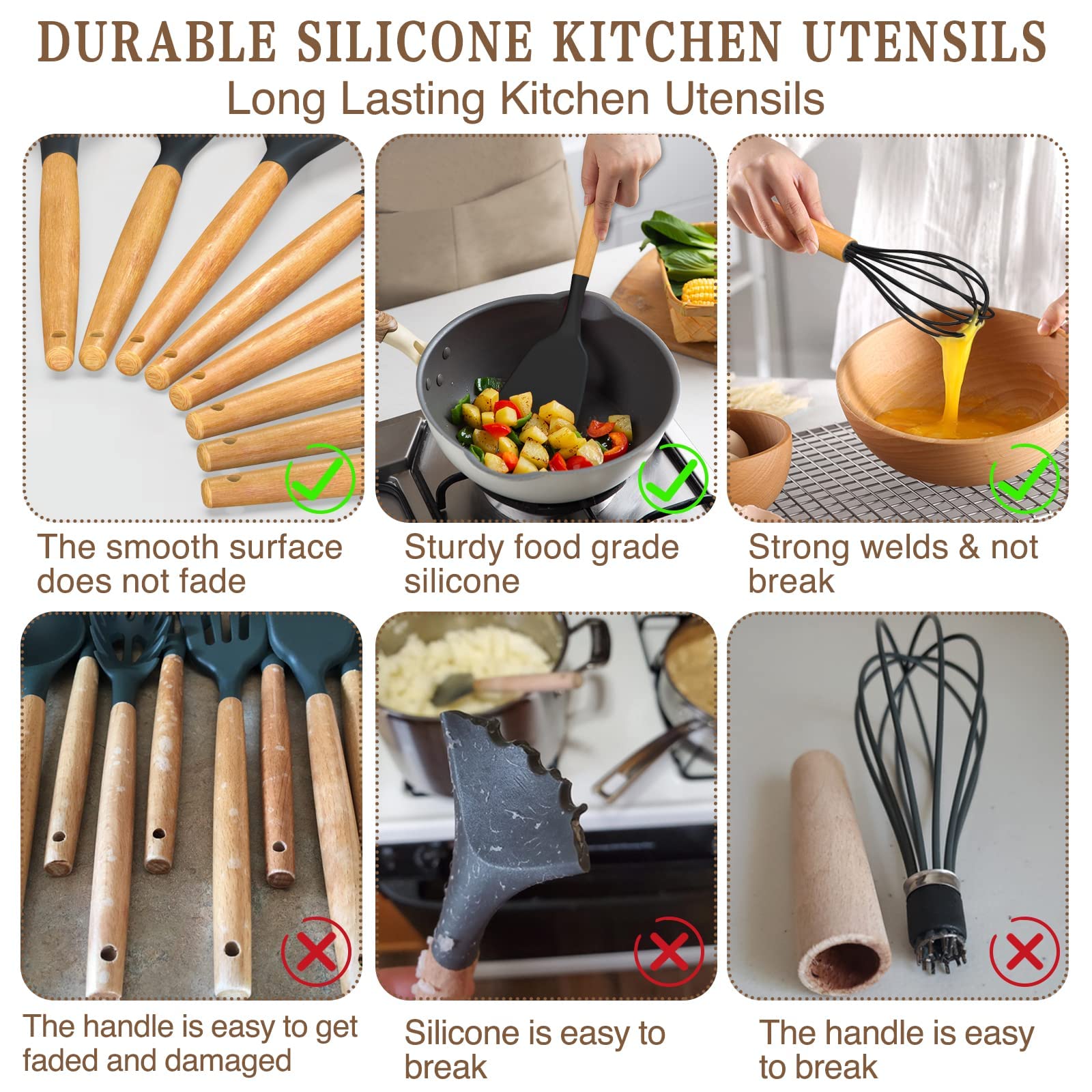 Umite Chef Kitchen Cooking Utensils Set, 33 pcs Non-Stick Silicone Cooking Kitchen Spatula Set with Holder, Wooden Handle Silicone Kitchen Gadgets Utensil Set (Black) - My Kitchen Products