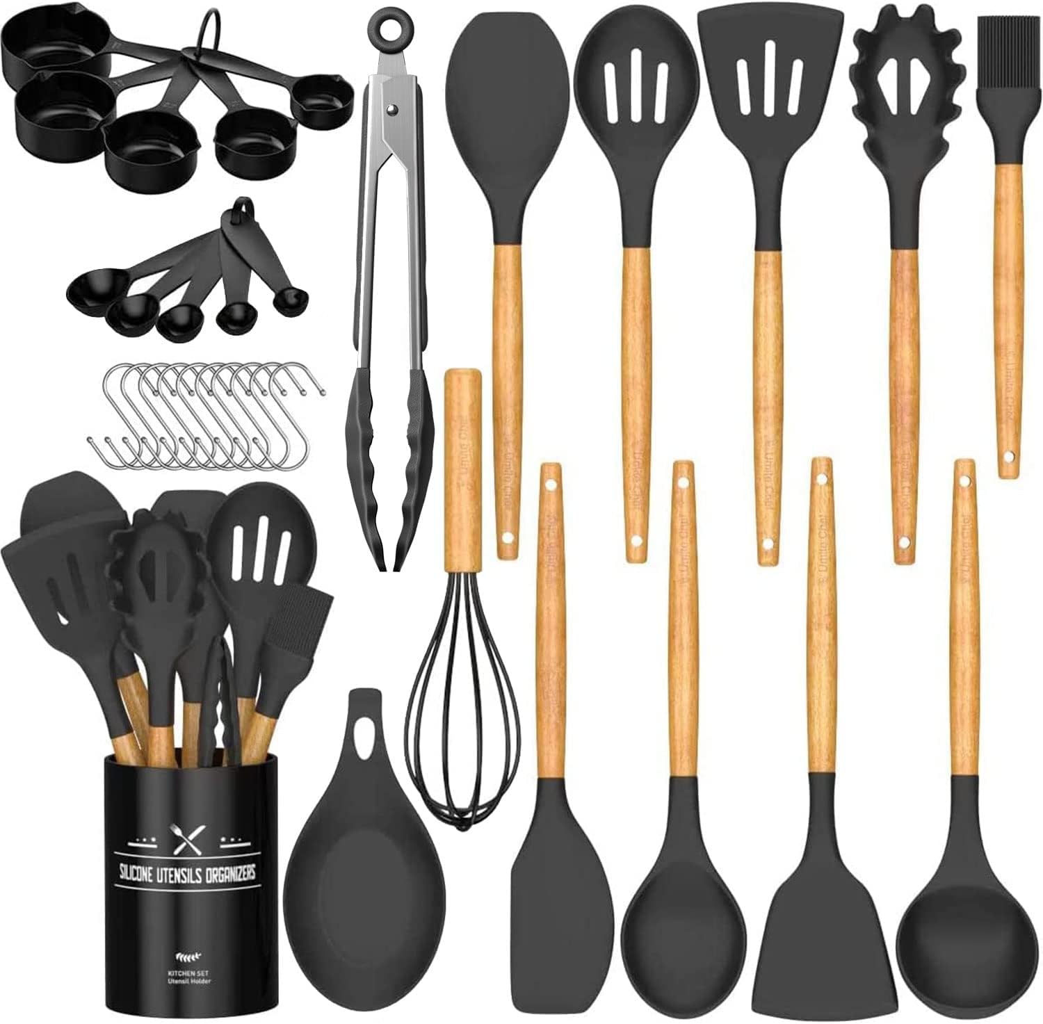 Umite Chef Kitchen Cooking Utensils Set, 33 pcs Non-Stick Silicone Cooking Kitchen Spatula Set with Holder, Wooden Handle