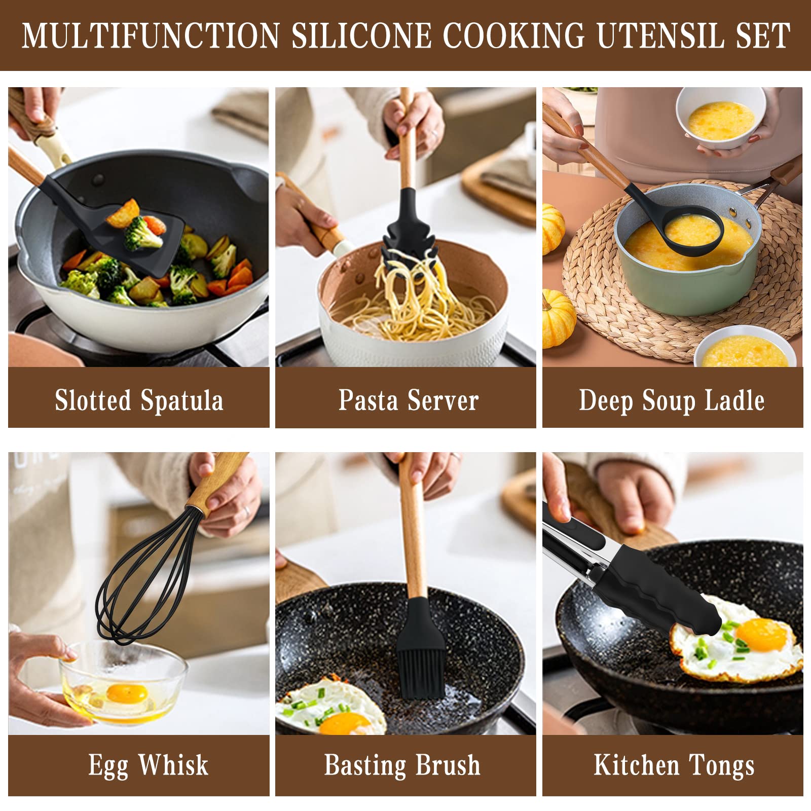 Umite Chef Kitchen Cooking Utensils Set, 33 pcs Non-Stick Silicone Cooking Kitchen Spatula Set with Holder, Wooden Handle Silicone Kitchen Gadgets Utensil Set (Black) - My Kitchen Products