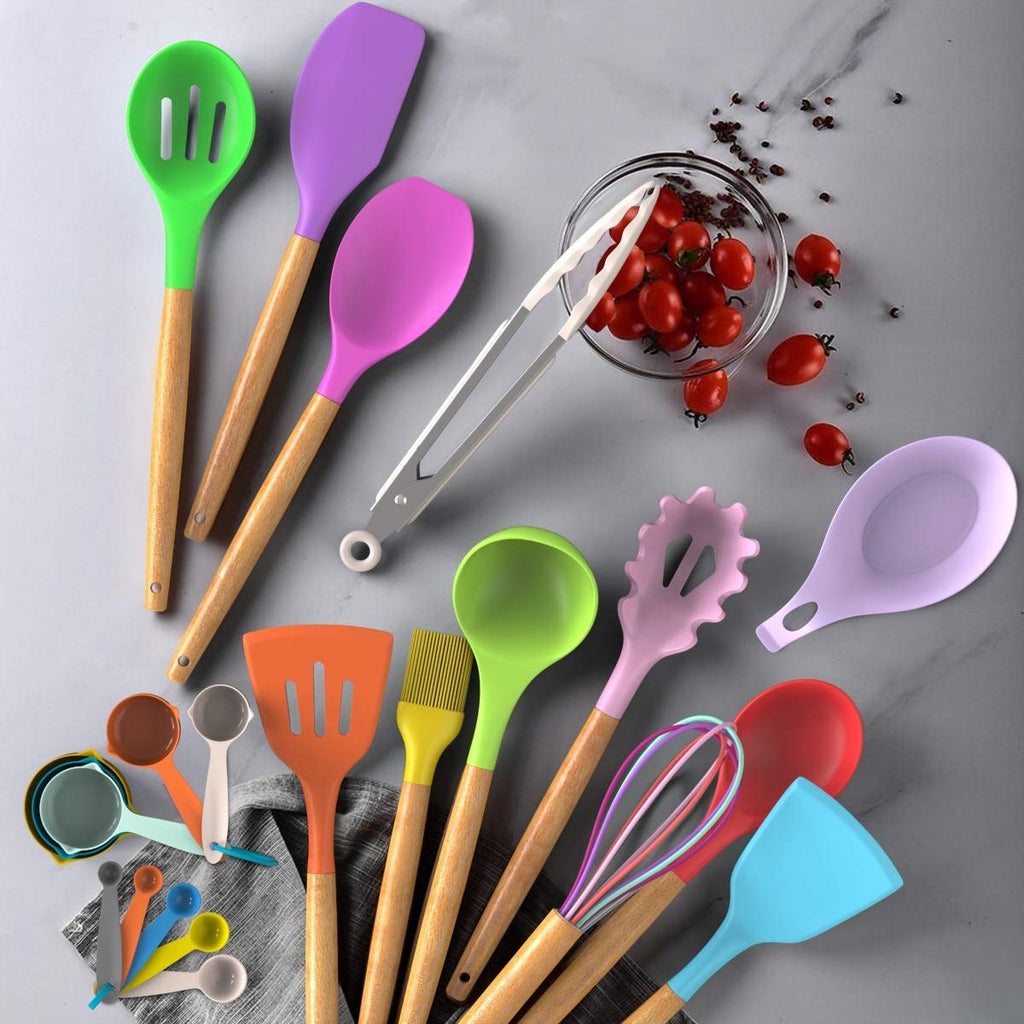Umite Chef Kitchen Cooking Utensils Set, 33 pcs Non-stick Silicone Cooking Kitchen Utensils Spatula Set with Holder, Wooden Handle Silicone Kitchen Gadgets Utensil Set (Colorful) - My Kitchen Products
