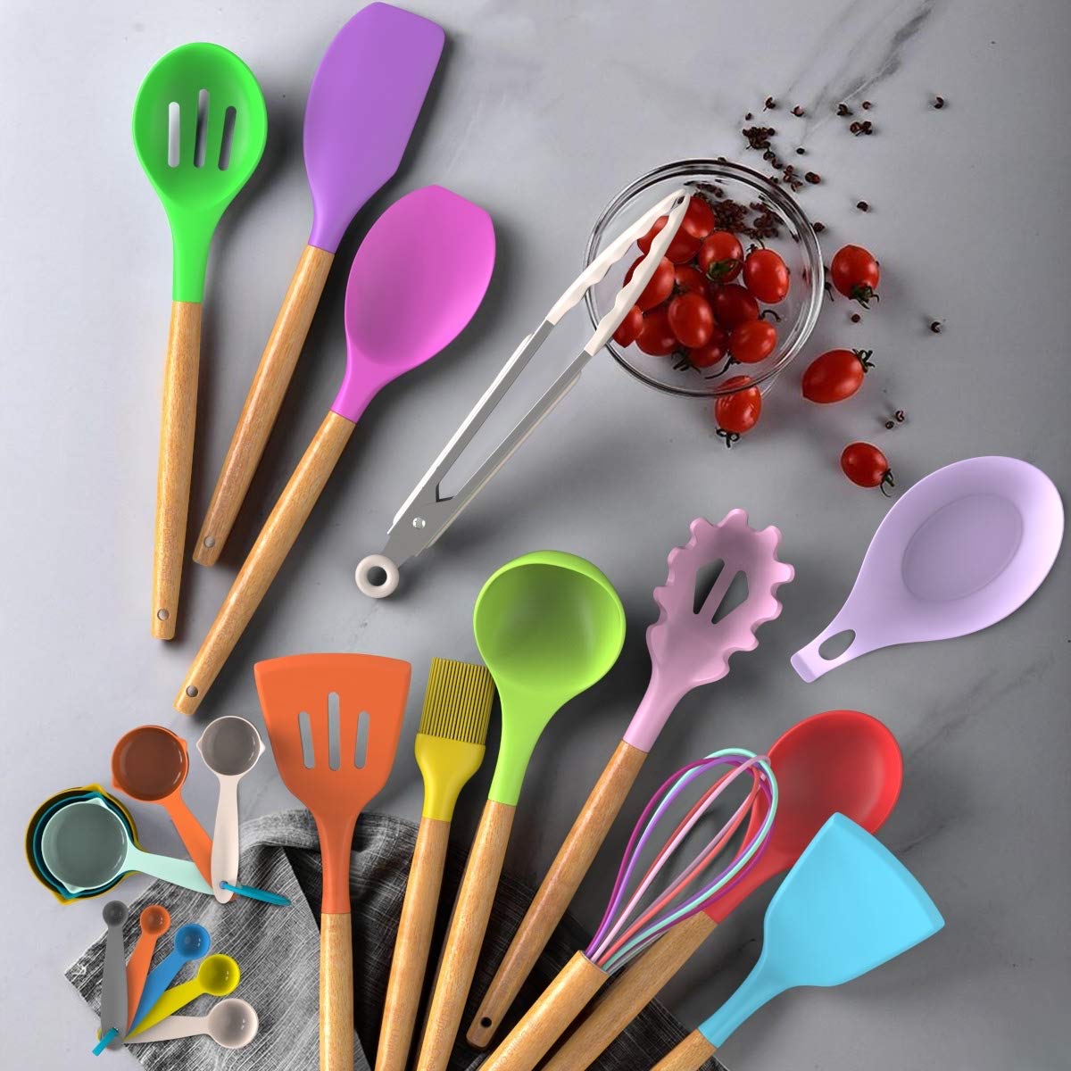 Umite Chef Kitchen Cooking Utensils Set, 33 pcs Non-stick Silicone Cooking Kitchen Utensils Spatula Set with Holder, Wooden Handle Silicone Kitchen Gadgets Utensil Set (Colorful) - My Kitchen Products