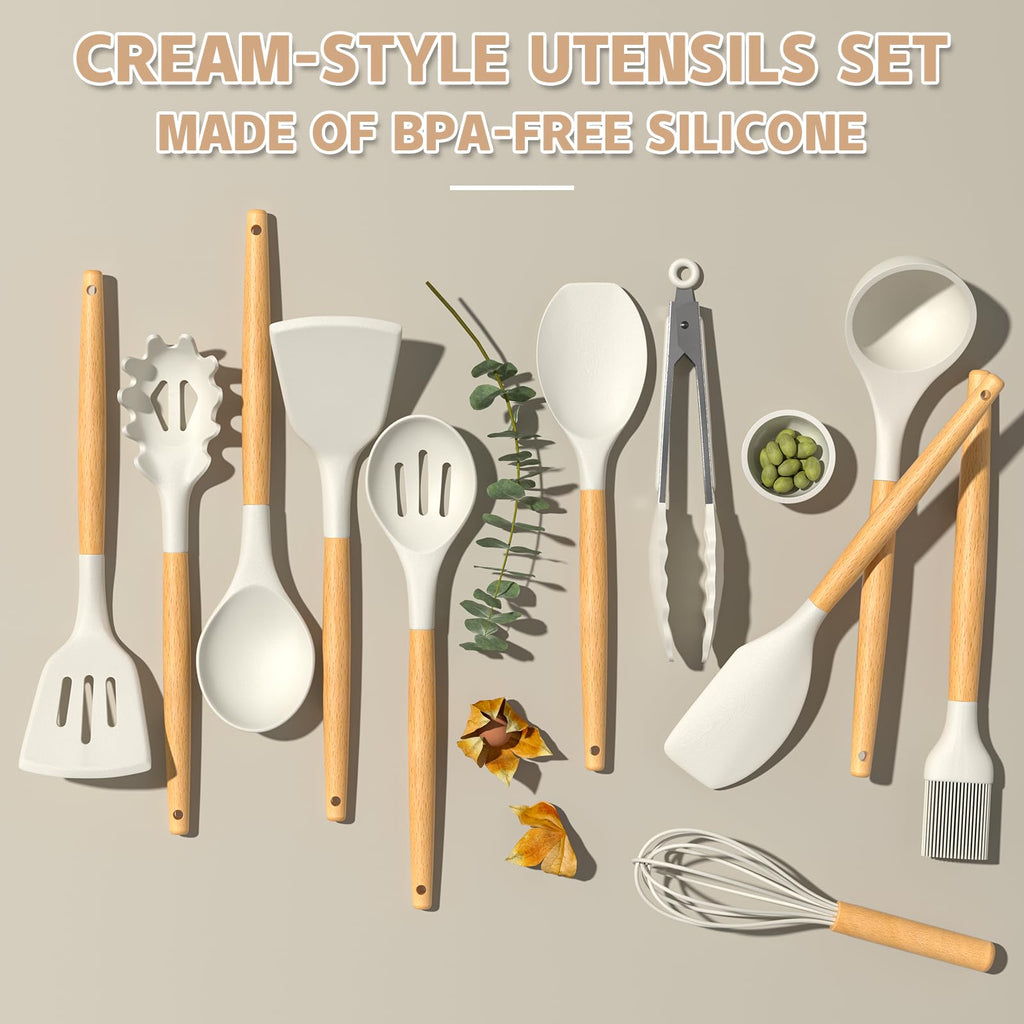 Umite Chef Kitchen Cooking Utensils Set, 33 pcs Non-stick Silicone Cooking Kitchen Utensils Spatula Set with Holder, Wooden Handle Silicone Kitchen Gadgets Utensil Set (Cream White) - My Kitchen Products