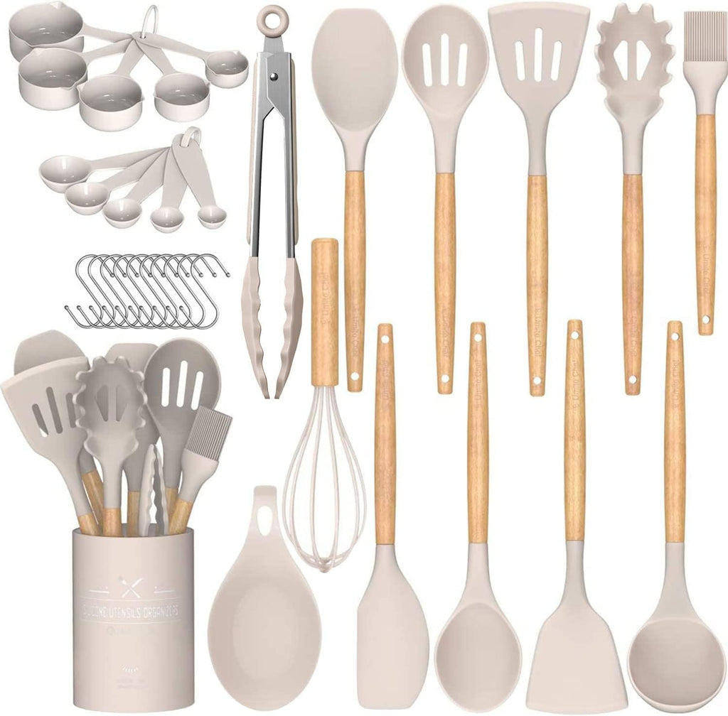 Umite Chef Kitchen Cooking Utensils Set, 33 pcs Non-Stick Silicone Cooking Kitchen Utensils Spatula Set with Holder, Wooden