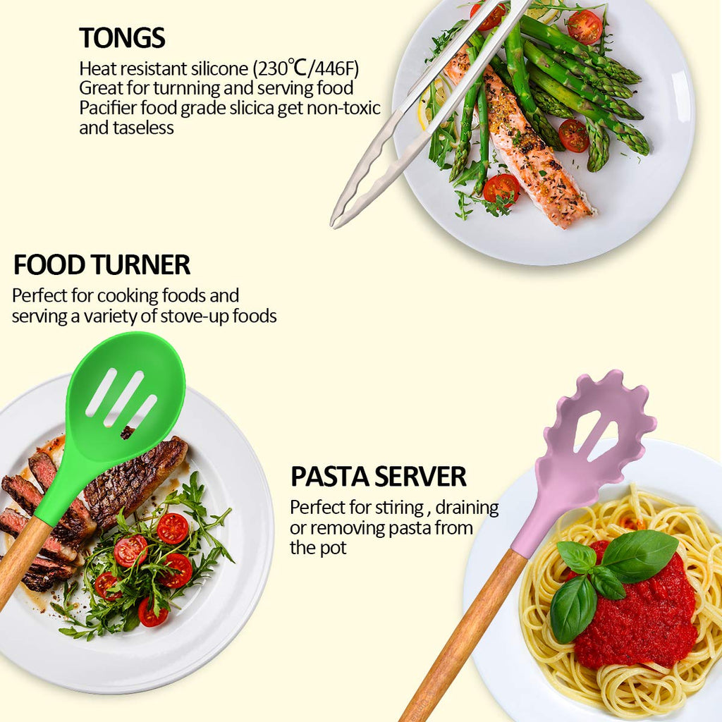Umite Chef Kitchen Cooking Utensils Set, 33 pcs Non-stick Silicone Cooking Kitchen Utensils Spatula Set with Holder, Wooden Handle Silicone Kitchen Gadgets Utensil Set (Colorful) - My Kitchen Products
