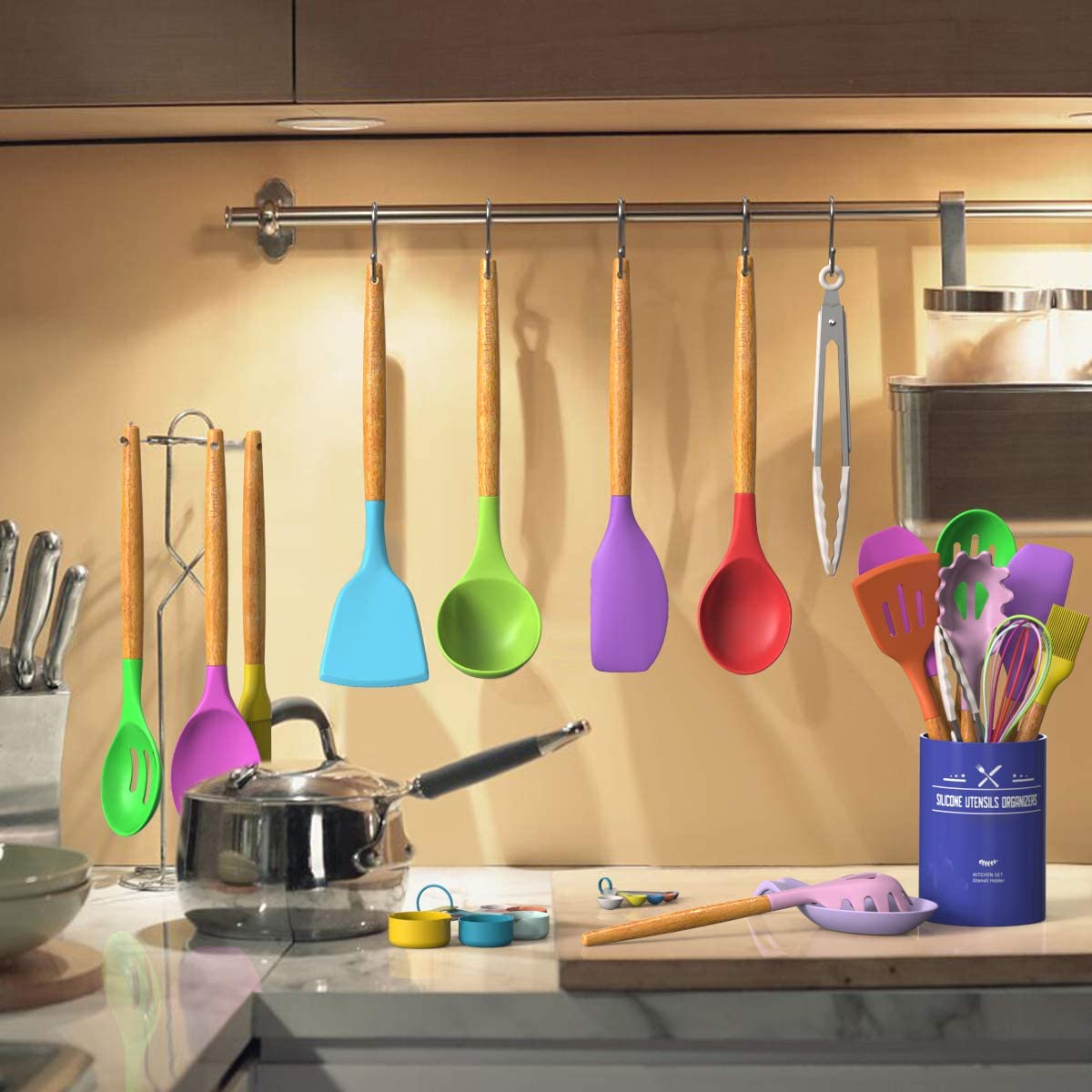 Umite Chef Kitchen Cooking Utensils Set, 33 pcs Non-stick Silicone Cooking Kitchen Utensils Spatula Set with Holder, Wooden Handle Silicone Kitchen Gadgets Utensil Set (Colorful) - My Kitchen Products