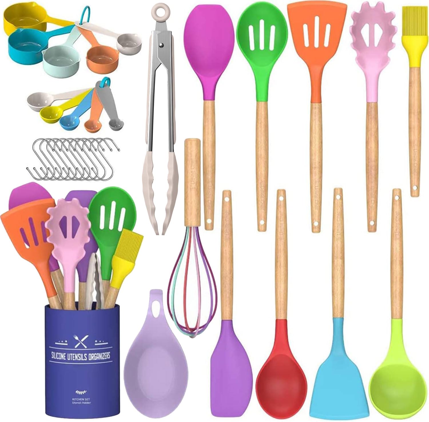 Umite Chef Kitchen Cooking Utensils Set, 33 pcs Non-stick Silicone Cooking Kitchen Utensils Spatula Set with Holder, Wooden