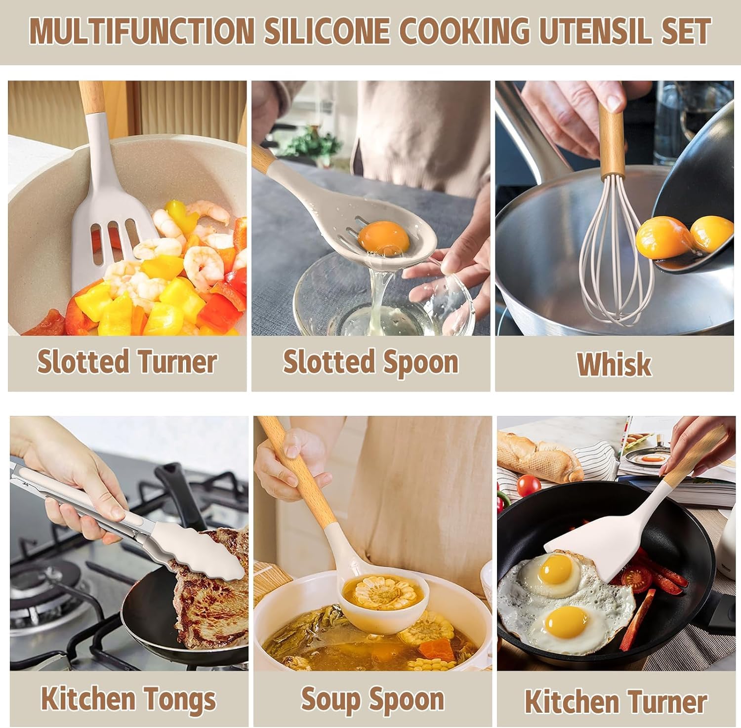 Umite Chef Kitchen Cooking Utensils Set, 33 pcs Non-Stick Silicone Cooking Kitchen Utensils Spatula Set with Holder, Wooden Handle Silicone Kitchen Gadgets Utensil Set (Khaki) - My Kitchen Products