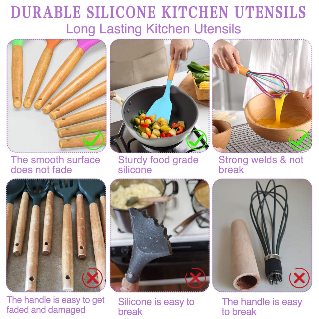 Umite Chef Kitchen Cooking Utensils Set, 33 pcs Non-stick Silicone Cooking Kitchen Utensils Spatula Set with Holder, Wooden Handle Silicone Kitchen Gadgets Utensil Set (Colorful) - My Kitchen Products