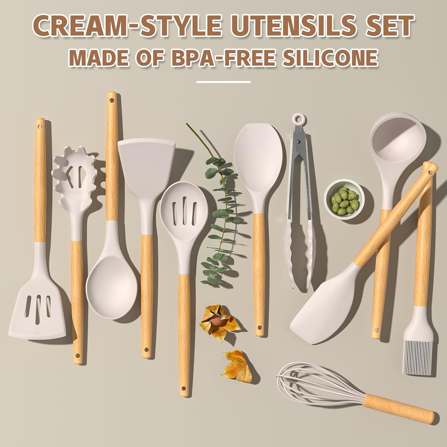 Umite Chef Kitchen Cooking Utensils Set, 33 pcs Non-Stick Silicone Cooking Kitchen Utensils Spatula Set with Holder, Wooden Handle Silicone Kitchen Gadgets Utensil Set (Khaki) - My Kitchen Products