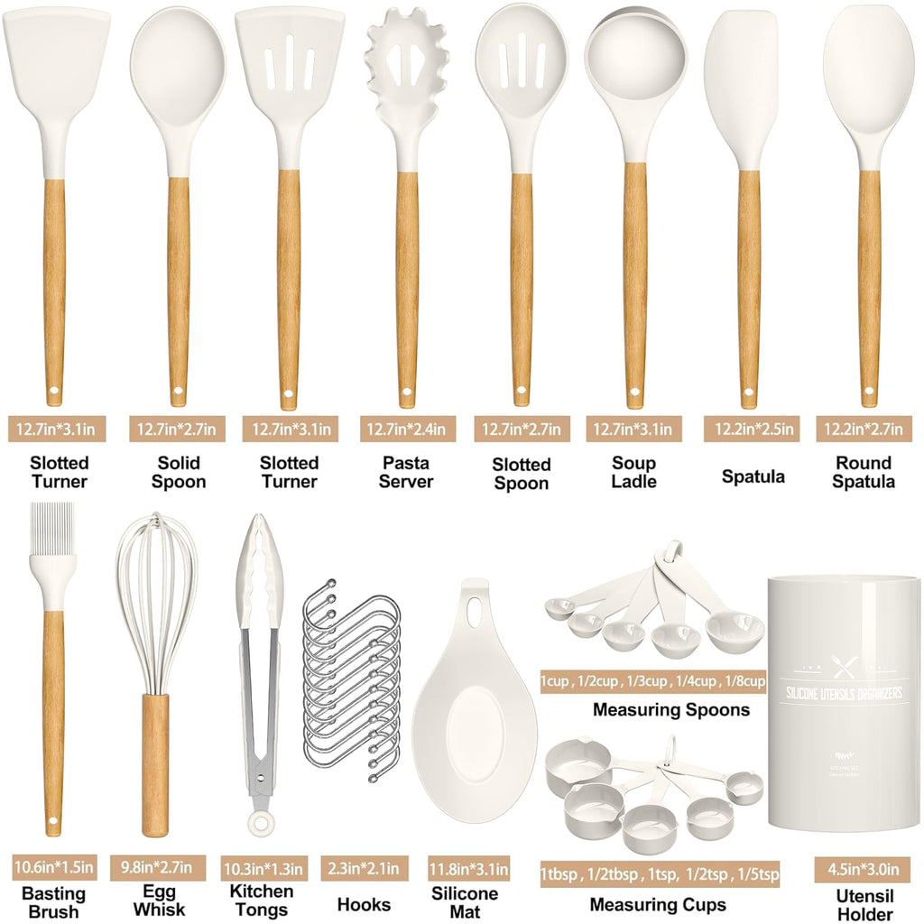Umite Chef Kitchen Cooking Utensils Set, 33 pcs Non-stick Silicone Cooking Kitchen Utensils Spatula Set with Holder, Wooden Handle Silicone Kitchen Gadgets Utensil Set (Cream White) - My Kitchen Products