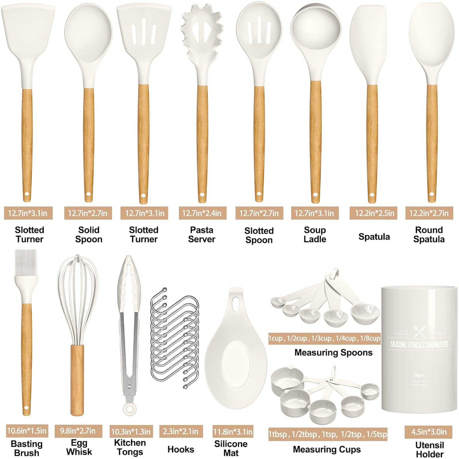 Umite Chef Kitchen Cooking Utensils Set, 33 pcs Non-stick Silicone Cooking Kitchen Utensils Spatula Set with Holder, Wooden Handle Silicone Kitchen Gadgets Utensil Set (Cream White) - My Kitchen Products