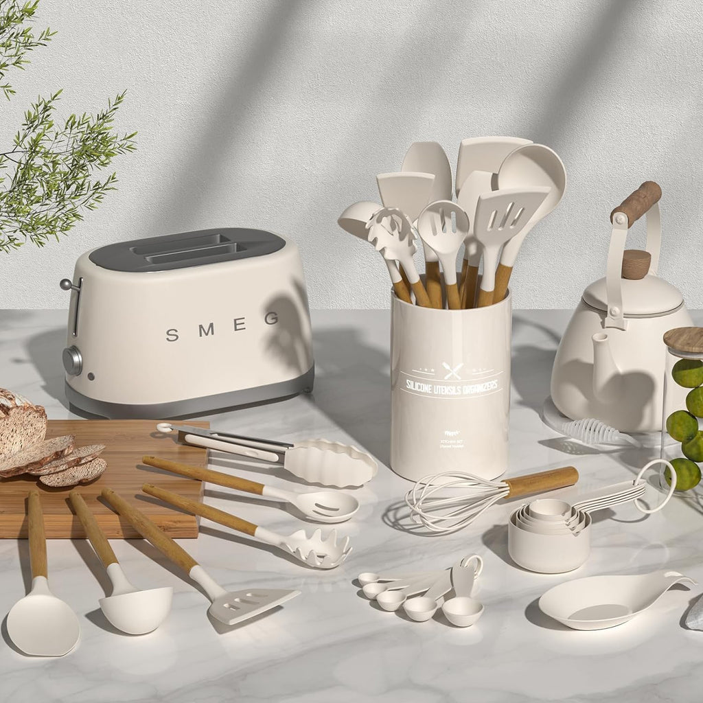 Umite Chef Kitchen Cooking Utensils Set, 33 pcs Non-Stick Silicone Cooking Kitchen Utensils Spatula Set with Holder, Wooden Handle Silicone Kitchen Gadgets Utensil Set (Khaki) - My Kitchen Products