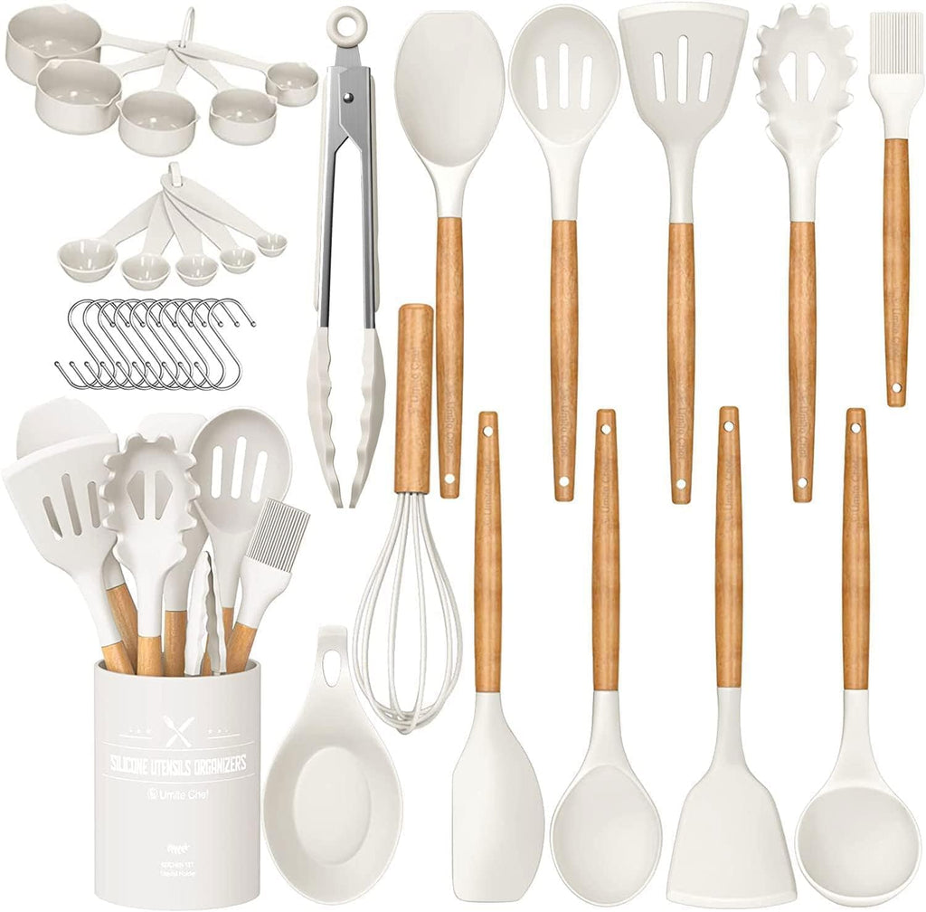 Umite Chef Kitchen Cooking Utensils Set, 33 pcs Non-stick Silicone Cooking Kitchen Utensils Spatula Set with Holder, Wooden