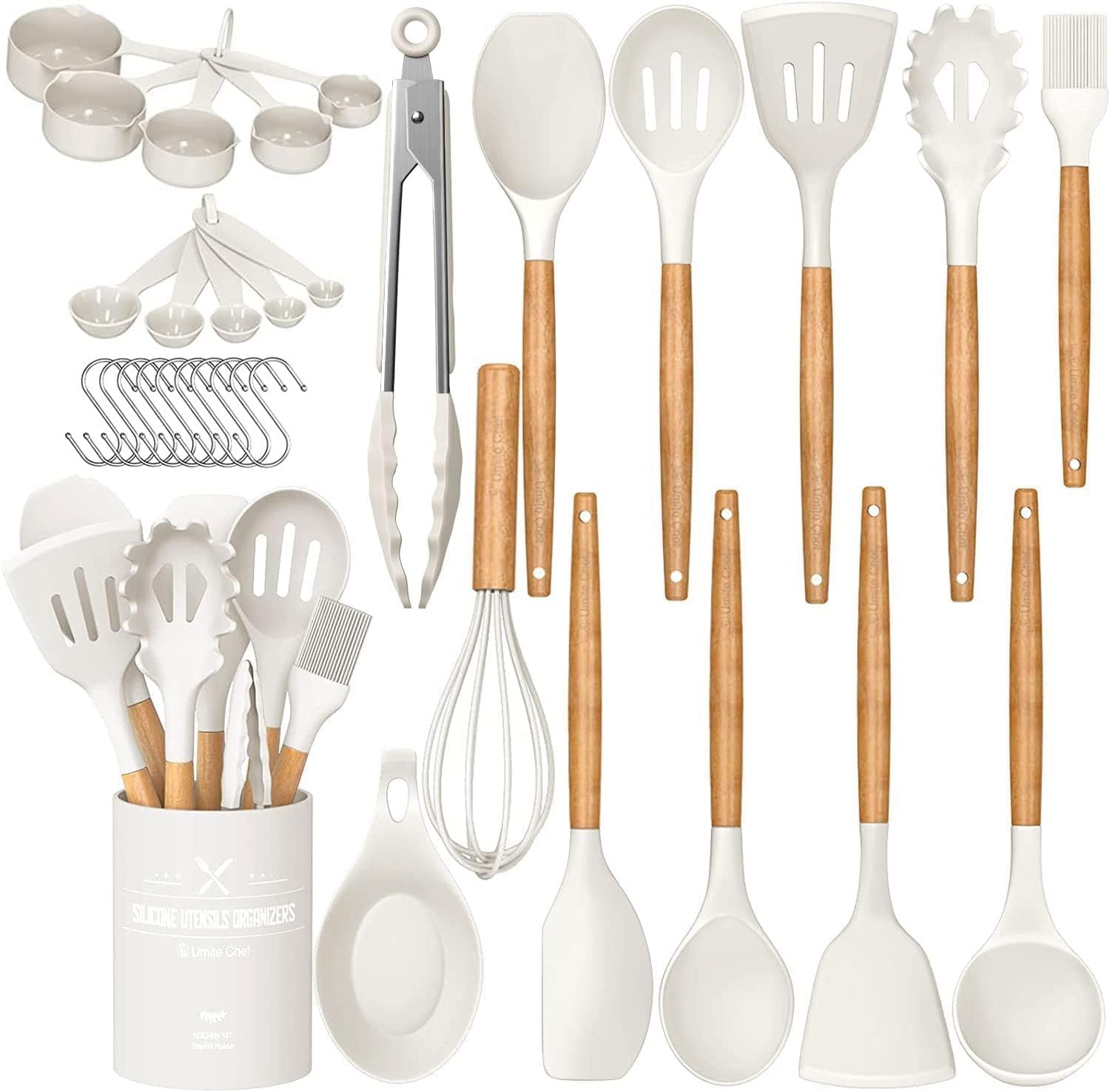 Umite Chef Kitchen Cooking Utensils Set, 33 pcs Non-stick Silicone Cooking Kitchen Utensils Spatula Set with Holder, Wooden