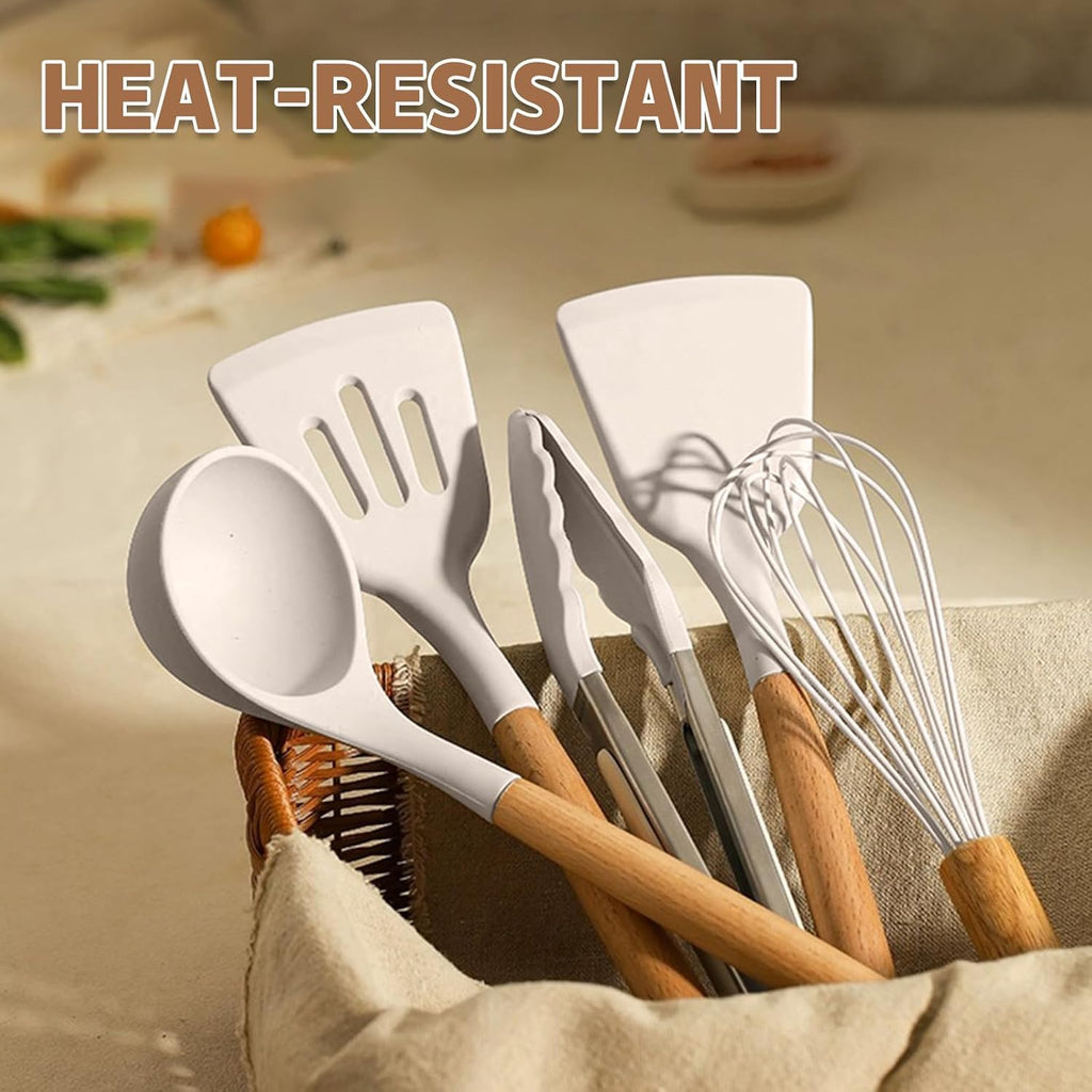 Umite Chef Kitchen Cooking Utensils Set, 33 pcs Non-Stick Silicone Cooking Kitchen Utensils Spatula Set with Holder, Wooden Handle Silicone Kitchen Gadgets Utensil Set (Khaki) - My Kitchen Products